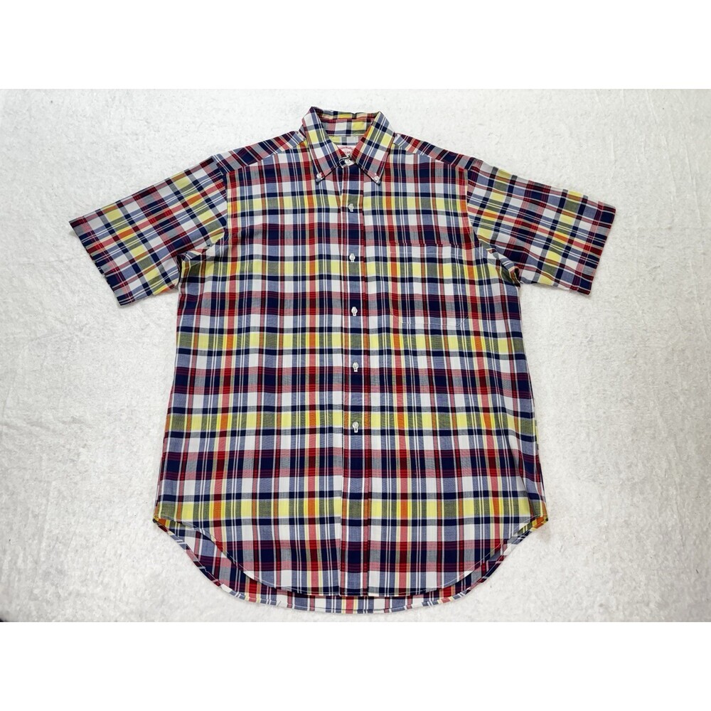 VTG Brooks Brothers Mens Madras Plaid Short Sleeve Button Down Shirt Red Blue